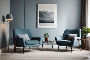 Scandinavian interior home design of modern living room with blue chairs or sofas in a room with large framed posters and decorative bookshelves