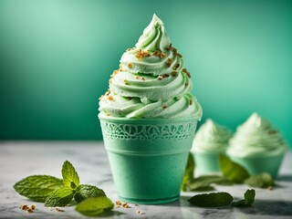 Italian mint gelato ice cream in waffle cone with studio lighting and background, food photography 