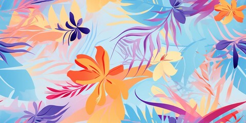 vibrant colored tropical flowers and leaves - obrazy, fototapety, plakaty