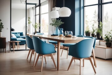 Scandinavian interior home design of modern dining room with blue chairs and wooden dining table with blue walls and windows - obrazy, fototapety, plakaty