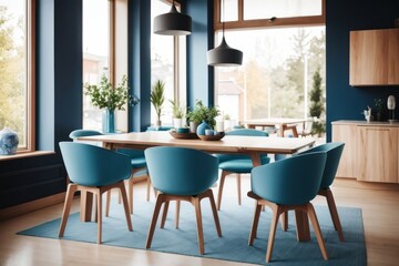 Fototapeta na wymiar Scandinavian interior home design of modern dining room with blue chairs and wooden dining table with blue walls and windows