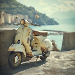 vintage scooter parked on the street with the sea view - obrazy, fototapety, plakaty