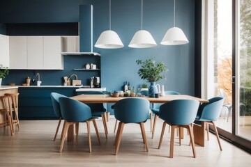 Scandinavian interior home design of modern dining room with blue chairs and wooden dining table with blue walls and windows