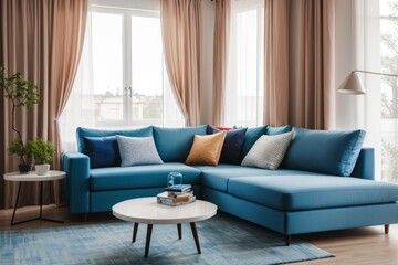 Interior home design of modern living room with blue sofa in a room with windows and curtains