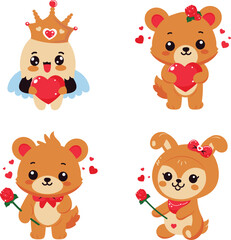 Valentine Day Cute Character for Birthday, greetings, wedding invitations etc. Cute teddy, bunny, cute coffee cup, heart with wing