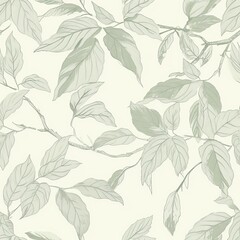 Seamless pattern: Whispering Leaves, Outline sketches of leaves in light greens and grays creating a gentle leafy pattern.