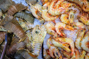 Close up of mix of prawns and crayfish on ice for sale in supermarket seafood department. Fresh catch. Top angle