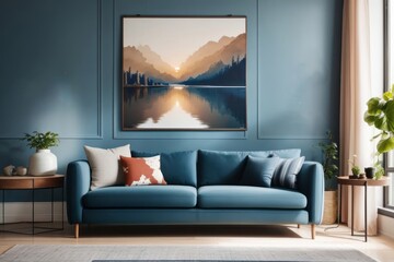 Interior home design of modern living room with blue sofa chairs and abstract art posters on the wall