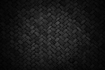 Old black bamboo weave texture background, pattern of woven rattan mat in vintage style. - obrazy, fototapety, plakaty