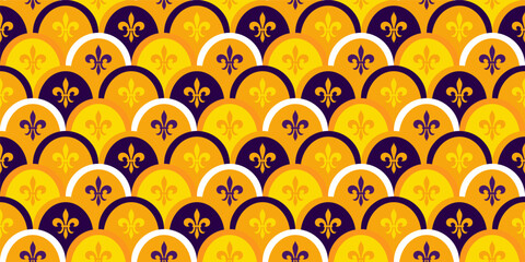 Mardi Gras Seamless Pattern with Fleur de Lis Flower. Yellow, Orange and Purple Vector Background with Carnival Festive Symbol. - obrazy, fototapety, plakaty