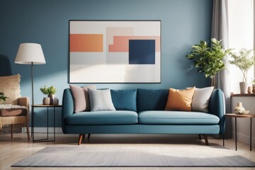 Interior home design of modern living room with blue sofa chairs and abstract art posters on the wall