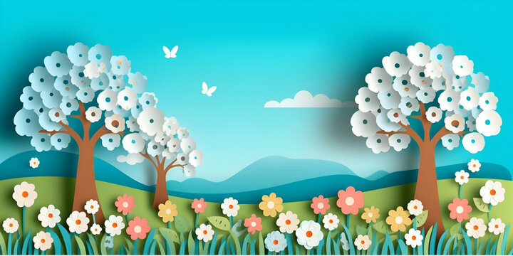 Blooming summer trees paper cut poster. Vector illustration. Horizontal banner header with blue sky, trees, flowers, butterfly, clouds. Place for text. Spring border frame,Generative AI