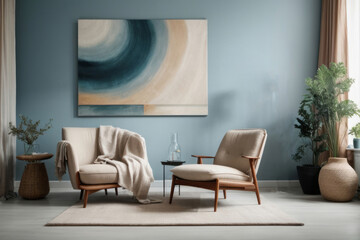 Scandinavian interior home design of modern living room with beige lounge chairs and abstract poster art