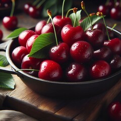 Ripe sweet cherry berry with leaves in a pan on a brown wooden board