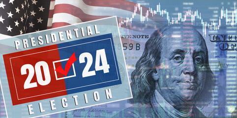 Closeup dollar on the background of a chart. U.S. economy and presidential election. 3d illustration - obrazy, fototapety, plakaty