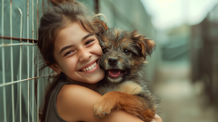 A little girl helps adopting a dog from dog rescue shelter center.