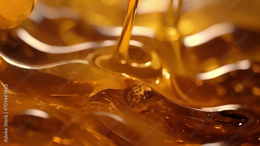 Poster sweet glimmering maple syrup suspended in slow motion forming unique patterns and designs before dri
