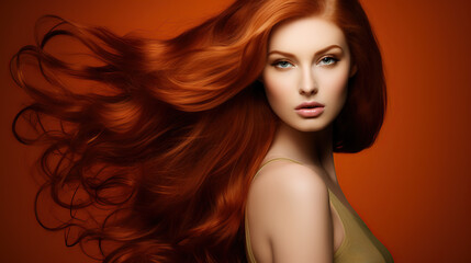 Fototapeta premium Elegant redhead with voluminous, flowing hair and fair skin