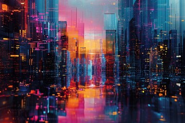 : A mesmerizing holographic cityscape at dusk, featuring buildings adorned with vibrant hues that seamlessly blend into the twilight sky.