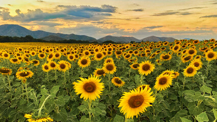 Landscape Golden yellow sunflower field at sunset - Powered by Adobe