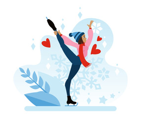 A girl in a warm hat has lifted her leg high and is skating on the ice. Figure skating is a winter sport. Flat vector illustration