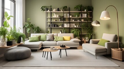 Living room interior decorated in green tones with ornamental plants, sofas and bookshelves.