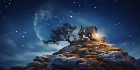 house in the edge of rock cliff at the night - obrazy, fototapety, plakaty