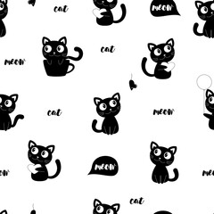 Cute seamless pattern with cat. Cute funny pets. Cat with mouse, heart and a balloon.