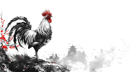 Simple Rooster Chinese Zodiac Animal Illustration in Traditional Ink Painting Style. Black and White Gold Theme Color