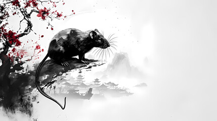 Simple Rat Chinese Zodiac Animal Illustration in Traditional Ink Painting Style. Black and White Gold Theme Color