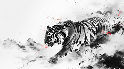 Simple Tiger Chinese Zodiac Animal Illustration in Traditional Ink Painting Style. Black and White Gold Theme Color - obrazy, fototapety, plakaty
