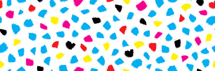 Abstract vector brushstroke seamless pattern. Memphis inspired vibrant party background. Abstract confetti pattern. Free form spot texture print. Random bright childish brush strokes, flecks, speckles