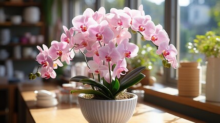 Pink flowers of phalaenopsis orchid in flower pot