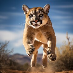 A cougar is running in mid air