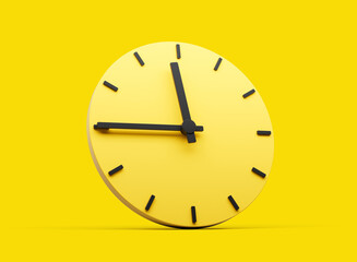3d Yellow Round Wall Clock 11:45 Eleven Forty Five Quarter To 12 Yellow Background 3d illustration