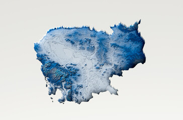 3d Deep Blue Water Cambodia Map Shaded Relief Texture Map On White Background 3d Illustration