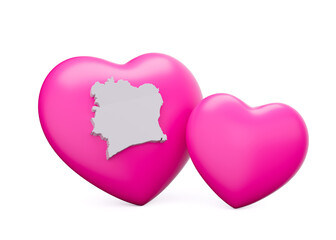 3d Shiny Pink Hearts With 3d White Map Of Ivory Coast Isolated On White Background, 3d illustration