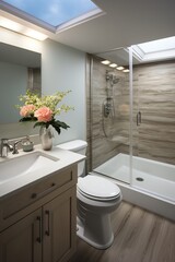 Small bathroom interior with toilet, sink, and shower