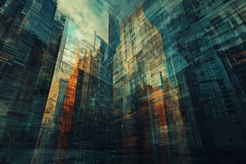 : A surreal cityscape buried beneath layers of digital glitches, where skyscrapers distort and warp in unnatural ways, creating a disorienting and unsettling landscape that blurs the line between  - obrazy, fototapety, plakaty