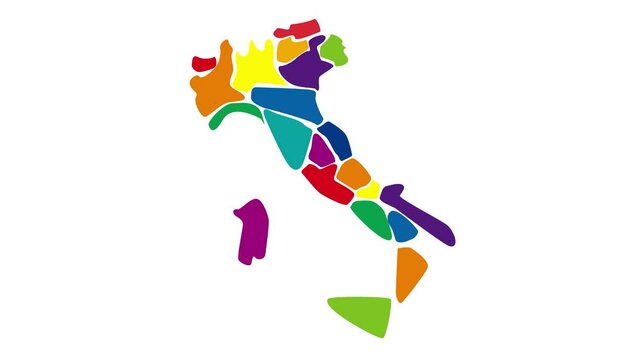 Abstract italy map, simplified with colored regions in simple shapes. Animated illustration