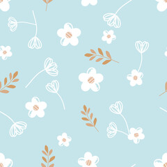 Seamless pattern with daisy flower and gold branches on blue background vector illustration. Cute floral print.