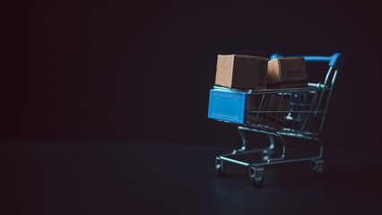 Shopping concept. Paper boxes in blue shopping cart with sale price tag on white background. online...