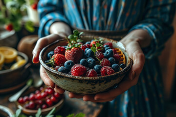 Woman holding bowl of fresh berries in rustic kitchen, closeup