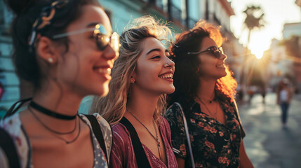 tres mujeres jóvenes de  diferentes estilo de vida ynacionalidades sonriendo en una tarde soleada al exterior.