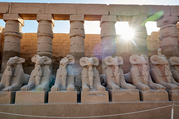 Ram-headed sphinx in Great Court of Karnak Temple. Luxor. Egypt .