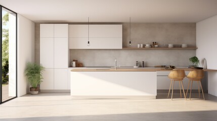  a modern kitchen with white walls, concrete floor, 