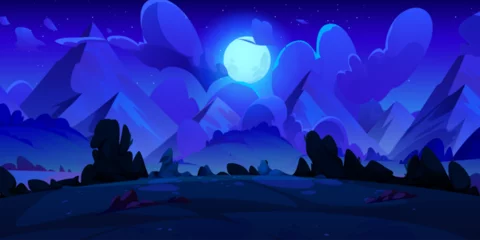 Fotobehang Night mountain valley with moon glowing in clouds. Vector cartoon illustration of beautiful midnight summer scenery, grass, bushes and trees on hills, stars shimmering in dark sky, natural background © klyaksun