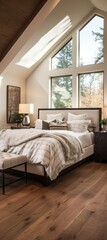 Modern bedroom with large windows and a vaulted ceiling