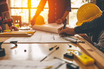 construction worker team planning building plan with blueprint and construction tool on conference table at construction site