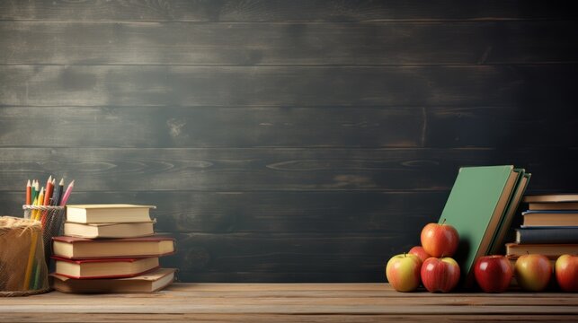 Back to school supplies. Books and blackboard on wooden background 